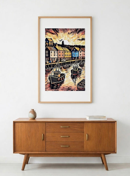 Cornish Fishing Village Harbour A4 Print in Mount