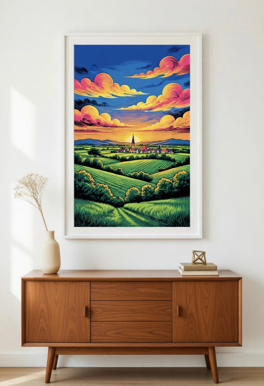 French Countryside at Sunset A4 Print in Mount