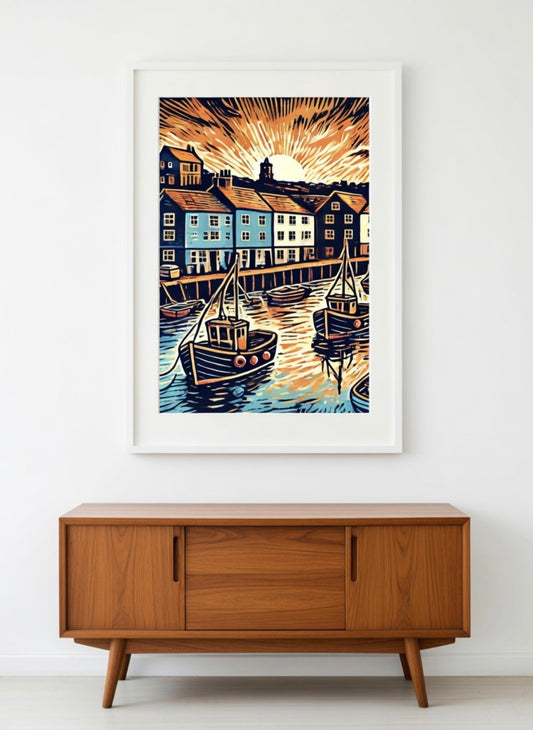 Cornish Fishing Village Harbour A4 Print in Mount