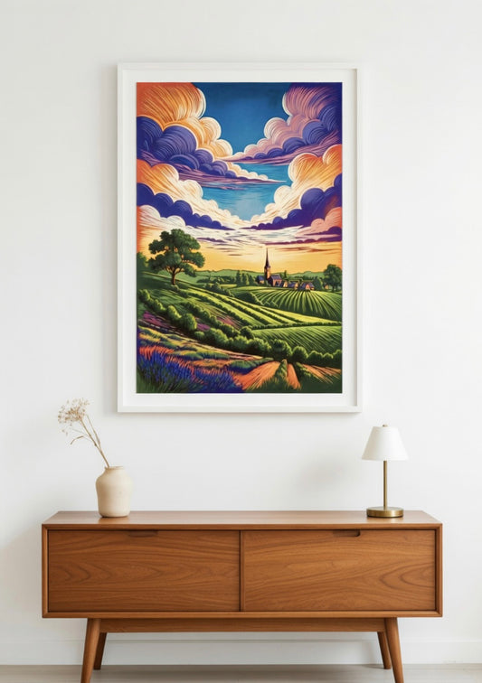 French Countryside at Sunset A4 Print in Mount